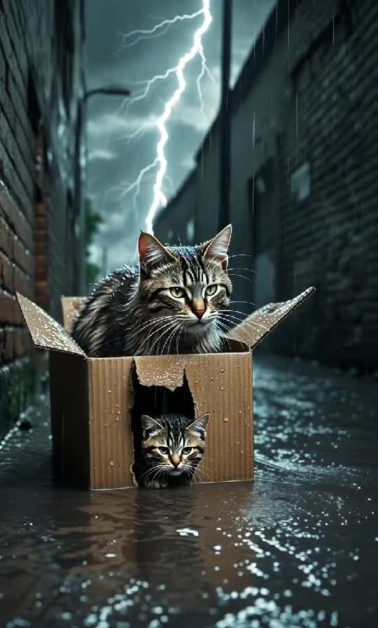 Stray Cats Seeking Shelter in a Storm: A Heartfelt Moment Amid Lightning and Rain