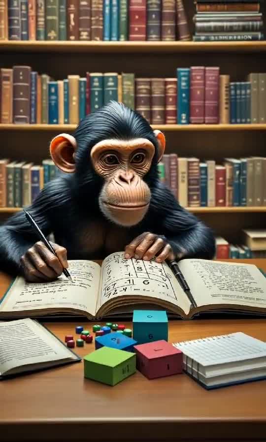 Genius Chimp Solving Math Problems in the Library