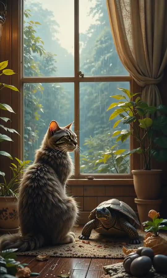 Cat and Turtle Vibes: Rainy Day Roommates with Paws and Patience 🐾🌧️🐢