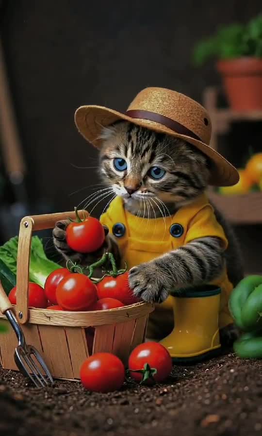 Farmer Meow: The Cutest Gardener Harvesting Hearts & Tomatoes! 🐱🍅🌻