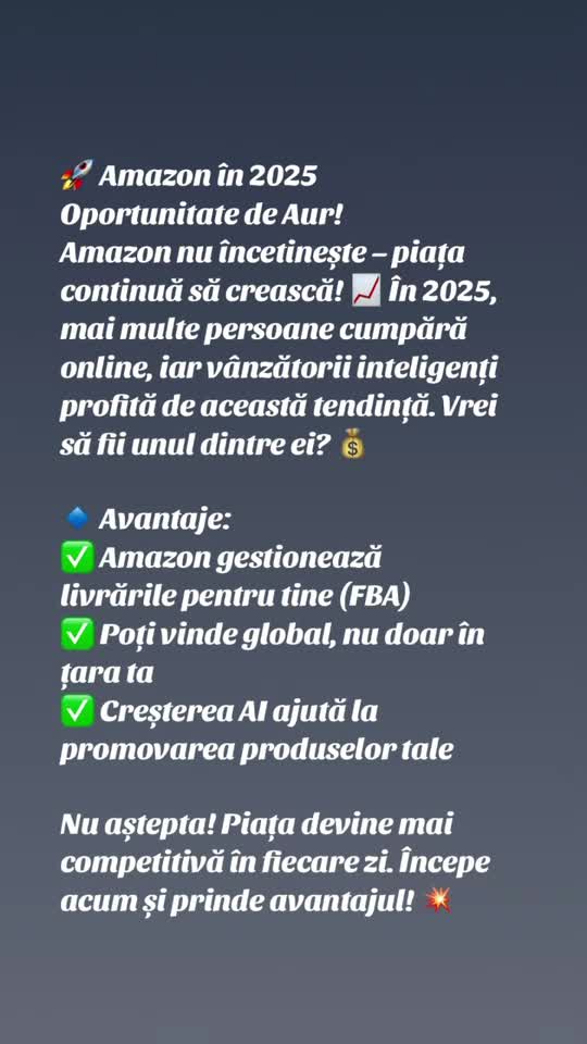 De ce amazon?📌 „Știai că Amazon vinde peste 4.000 de produse pe minut? 😱 Dacă vrei să înveți cum să începi un business online fără să ai stocuri acasă