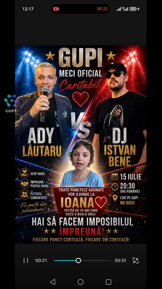 MECI OFICIAL CARITABIL ADY LĂUTARU WS DJ ISTVAN BENE 15 IULIE ORA 20:30 ORA ROMÂNIEI PE GUPI TOATE PUNCTELE ADUNATE VOR AJUNGE LA IOANA