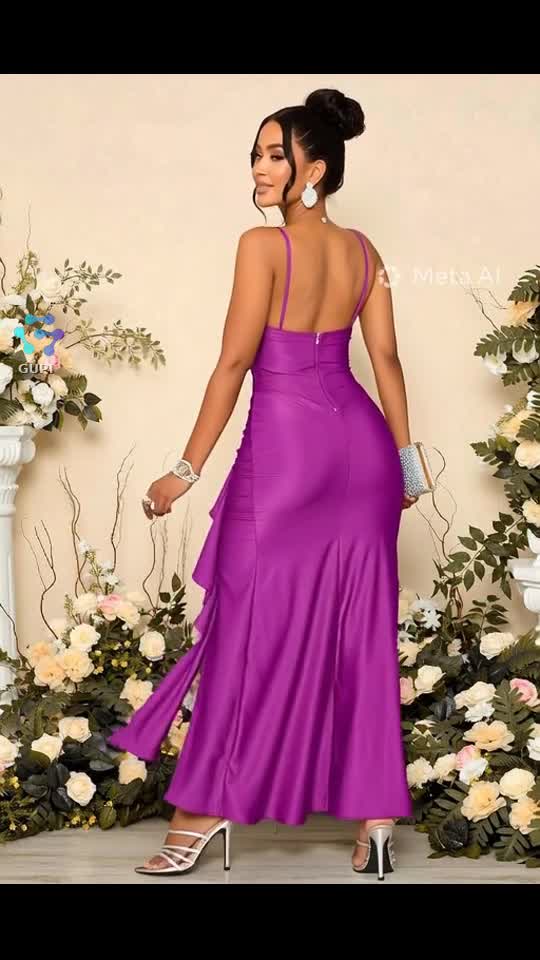 SOLERSUN Rochie de damă, sexy, dulce, de culoare uni, cu nod, decolteu drapat, mâneci fluturate, pliate, cu volană, rochie cu bretele spaghete cu fant