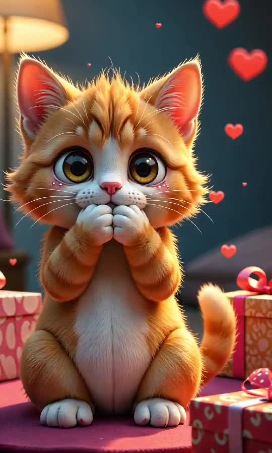 Cute Surprised Cartoon Cat with Hearts and Gifts – Love & Whimsy in One Frame