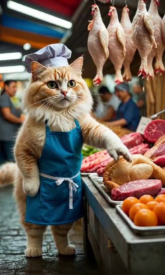 Chef Whiskers Hits the Market: Meow-nificent Meat Hunt Begins! 🐾🍗