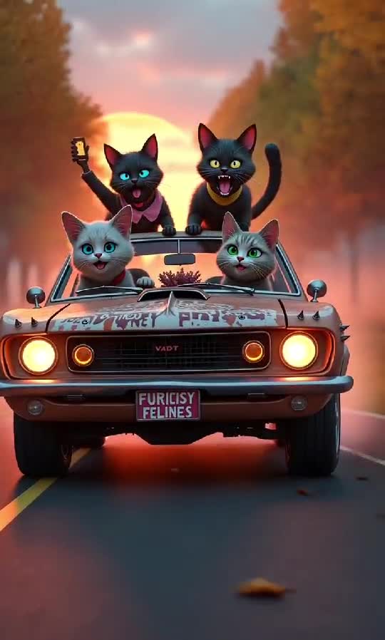 Furiously Felines on the Road: The Coolest Cat Crew Takes a Sunset Drive 🚗🐱