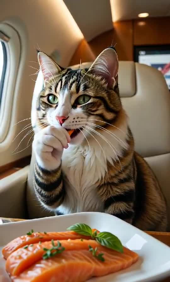 First-Class Feline: The Jet-Setting Cat Enjoying Gourmet Salmon at 30,000 Feet 🐾✈️