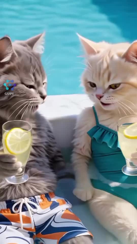 Două pisicuțe AI cu limonadă lângă piscină - clip viral pe Gupi