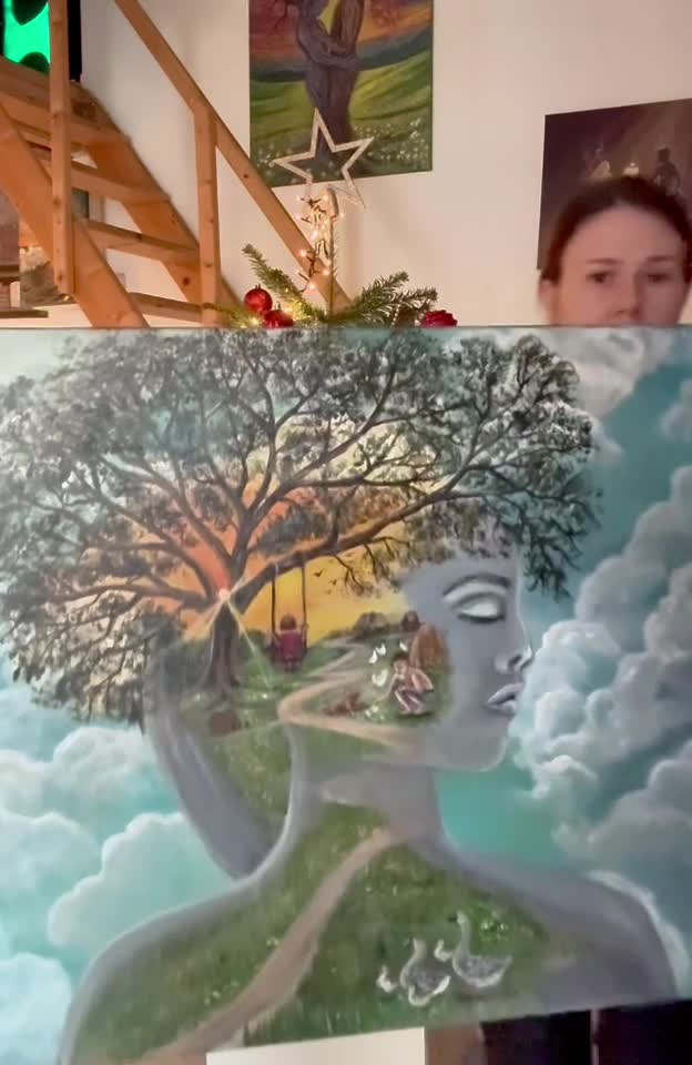 pictura narativ contemporană în care am redat legătura strânsă dintre om natură iar în interior am redat o scenă care ne arată dorul copilăriei