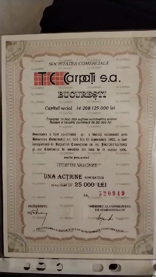 De vânzare 54 de acțiuni Tc Carpați !