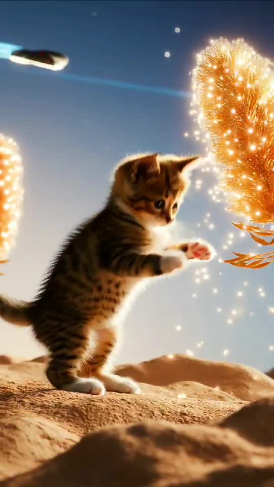 Magical Kitten Touching Glowing Tree in Fantasy Desert – Dreamlike Art