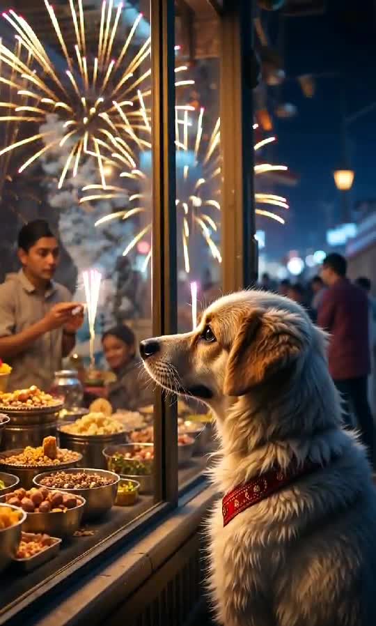 Curious Dog Captivated by Fireworks and Festive Street Food Celebration